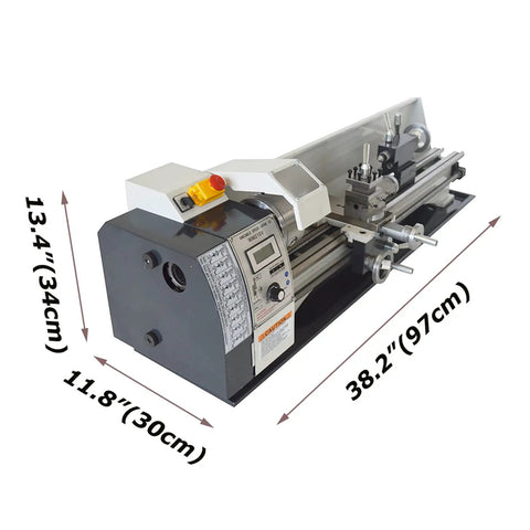 Precision Benchtop Metal And Wood Lathe Machine With 1100 Watt Brushless Motor Variable Speed Control showcased from an angle with dimensions.