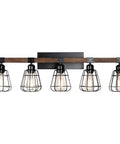 Five Light Farmhouse Vanity Light With Black Wood And Metal Cage For Bathroom Over Mirror, Industrial Style Wall Sconce Fixture