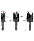 Straight Up Heavy Duty Tapered Plug Cutters Three Piece HSS Set showing 1/4, 3/8, and 1/2 inch HSS drill bits for woodworking.