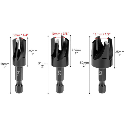 Straight Up Heavy Duty Tapered Plug Cutters Three Piece HSS Set showing 1/4, 3/8, and 1/2 inch HSS drill bits for woodworking.