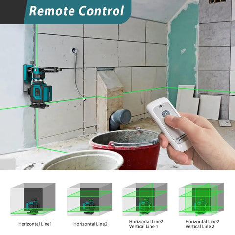 Image showing Green Laser Level Pro 4x360 Degree 4D Cross Line For Construction With Pulse Mode And Remote Control in use on wall