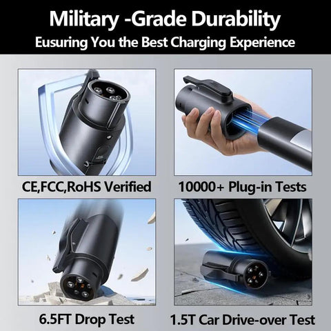 Top Tier Nacs To J1772 Ev Charging Adapter With 80 Amp Max And 250 Volt Rating Built For Tsl Chargers showing durability tests.