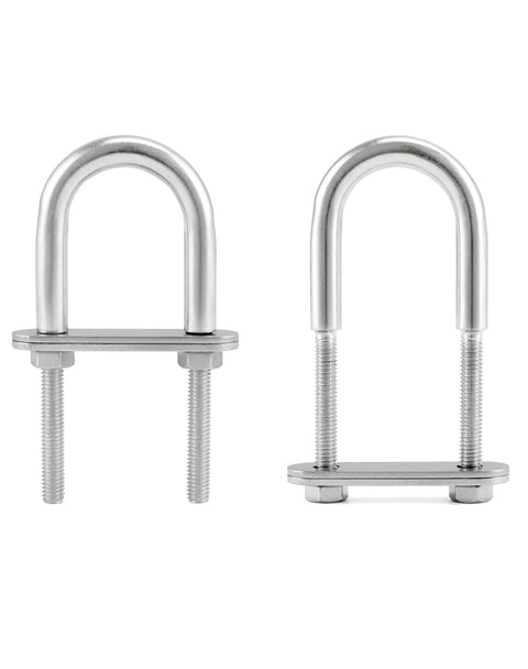 Four pack marine stainless steel U bolts with nuts and plates.