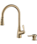Brushed Gold Kitchen Sink Faucet With Pull Down Spray And Built In Soap Dispenser, Single Handle, 360 Degree Rotation, Two Hole Installation