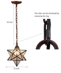 Moravian Star Tiffany Style Stained Glass Ceiling Pendant Lamp With 12 Inch Lampshade and 51 Inch Tall Iridescent Glass close-up view