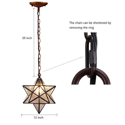Moravian Star Tiffany Style Stained Glass Ceiling Pendant Lamp With 12 Inch Lampshade and 51 Inch Tall Iridescent Glass close-up view
