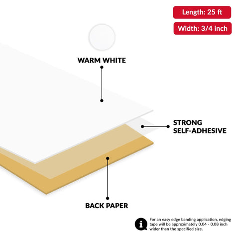 White Heavy Duty PVC Edge Banding Tape, Three Quarter Inch By 25 Feet Long, showcasing warm white finish and self-adhesive backing.