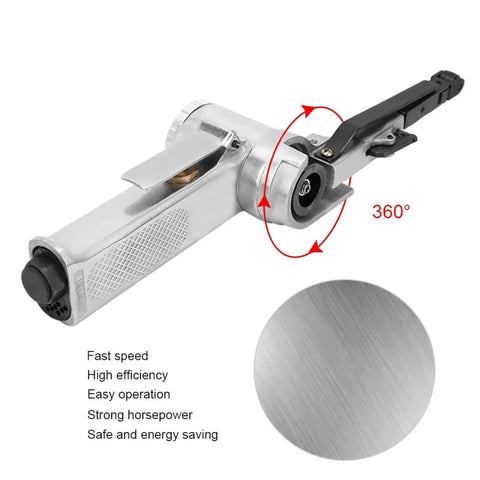 Heavy Duty Pneumatic Air Belt Sander With Three Abrasive Strips And Hex Wrench To Nail Woodworking Chores shown with 360-degree rotating head.