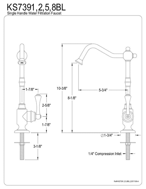 Technical diagram of Vintage Cold Water Filtration Faucet In Polished Brass Finish, Easy Install, dimensions and specifications included.
