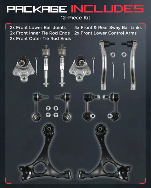 Honda Civic Suspension Kit 12 Piece All Non SI Models 2006 To 2011 Front Control Arm And Ball Joint Assembly Lower Passenger Side With ES8003 Included, parts laid out