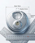 Heavy Duty Disc Padlocks Two Pack Keyed Differently For Storage Units With Three Eighths Inch Shackle Stainless Steel Construction Rust Resistant Hasps For Secure Locking In Home Garage Or Storage Facility shown with rulers for size reference