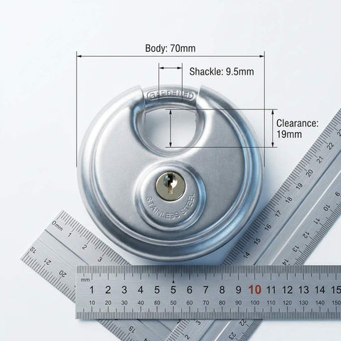 Heavy Duty Disc Padlocks Two Pack Keyed Differently For Storage Units With Three Eighths Inch Shackle Stainless Steel Construction Rust Resistant Hasps For Secure Locking In Home Garage Or Storage Facility shown with rulers for size reference