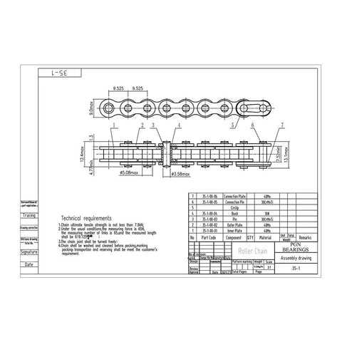 Technical diagram of ANSI 35 Roller Chain 5 Feet With Free Connecting Link Carbon Steel Single Strand Drive Chain
