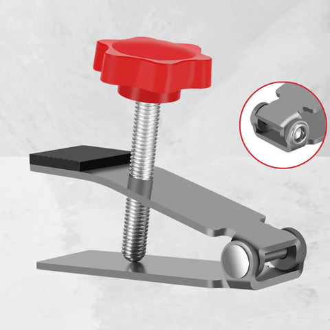 Close-up of Heavy Duty Tile Lifter With Adjustable Arm Jack and Triangular Load Bearing Base showing red fine tune knob and steel structure.