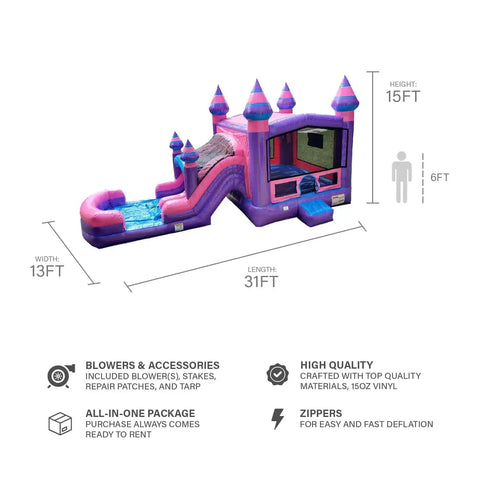 Purple Dual Lane Bounce House With Slide And Basketball Hoop 31 Ft Long 13 Ft Wide 15 Ft High 15oz PVC Inflatable Blower Included