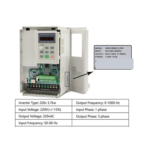 Heavy Duty ER20 CNC Router Spindle Motor With Water Cooled Design And Tough As Nails Steel Bearings For Smooth Woodwork Cutting Plus VFD Inverter Control And Rapid Coolant Pump Setup with digital controller and specifications. 220V, 3.7kW.