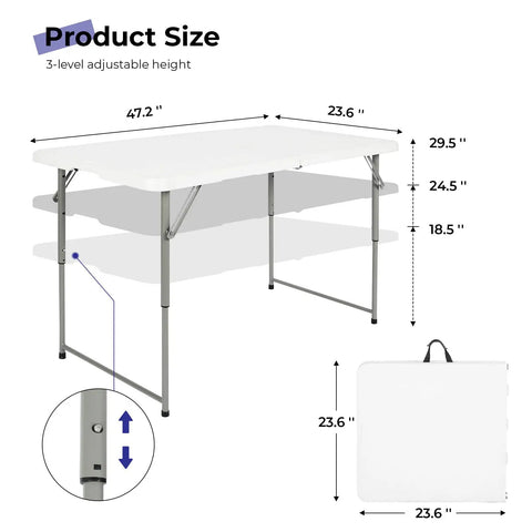Sturdy 4 Foot Portable Folding Table That Folds In Half, Heavy Duty Plastic Utility Desk with adjustable height and handle