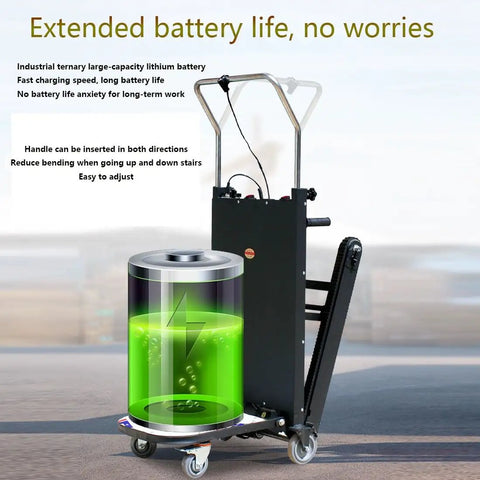 Heavy Duty Electric Stair Climber Trolley With Removable 48V Battery And Brushless Motor For Tough Jobs showcasing battery life features.