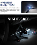 Premium 10 In 1 Electric Scissor Jack With Enhanced Safety And 3 Ton Capacity showing night use with LED light under vehicle