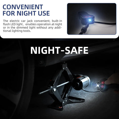 Premium 10 In 1 Electric Scissor Jack With Enhanced Safety And 3 Ton Capacity showing night use with LED light under vehicle