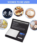 200g 0.01g Digital Pocket Scale With LCD Display, shown weighing jewelry, herbs, powders, pills, coins on blue background