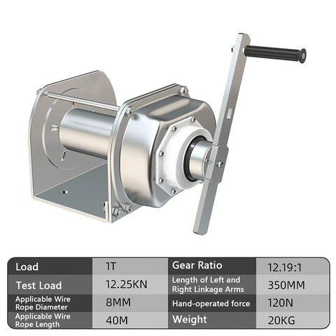 Stainless Steel Hand Winch With Two Way Self Locking Manual Crank And 360 Degree Rotatable Handle, 12.19:1 Gear Ratio