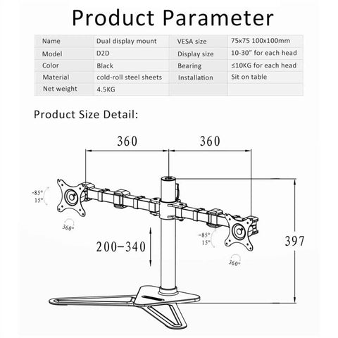 Heavy Hitter Dual Monitor Stand Free Standing Desk Mount for Two Screens Up To Thirty Inches, technical illustration with dimensions.