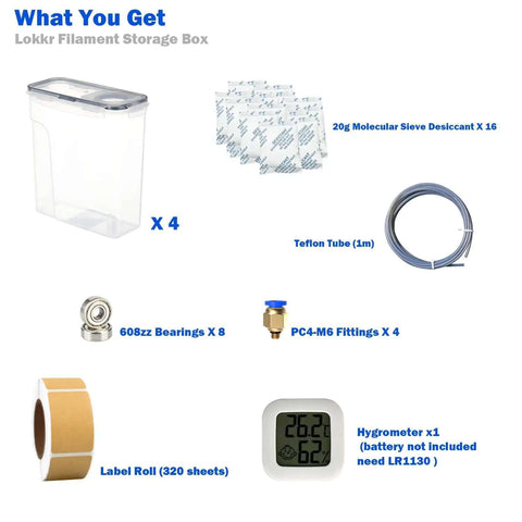 Contents of Filament Storage Box 4 Pack 4.0L Waterproof Dust Proof Container For 3D Printing Filament With Desiccant And Label DIY Dry Box Upgrade Accessories Included, showing storage box, desiccant, tube, bearings, fittings, label roll, and hygrometer.