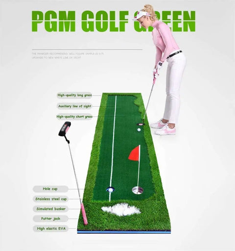 Woman practicing on Indoor Outdoor Golf Putting Mat 300 x 50cm with 2 Holes Durable Nylon Grass and EVA Base for realistic training