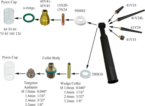 Quartz TIG Glass Cup Set For SR WP 9 17 18 20 25 26 Torch, 27-Piece Kit with Pyrex cup, collet body, adapters, and wedge collets