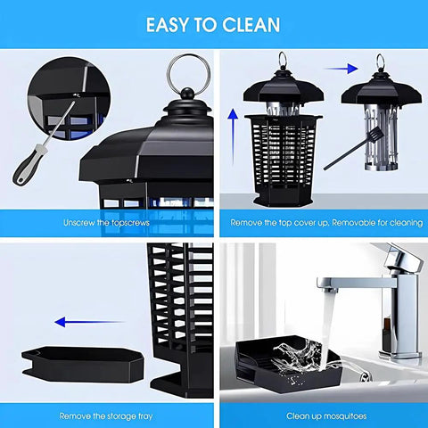 Diagram showing cleaning steps for Powerful Bug Zapper Electric For Indoor Outdoor Use Mosquito Killer And Fly Zapper with 365 nm UV Light and 4200 Volt High Voltage Grid Portable 2 Prong Plug Hanging Hoop Ideal For Patio Backyard Garden