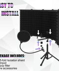 Pro Grade Microphone Isolation Shield With Beefy Tripod Stand And Pop Filter For Crisp Vocals That Banish Reverb And Straight Up Transform Your Recording Space shown with setup components including tripod and pop filter.