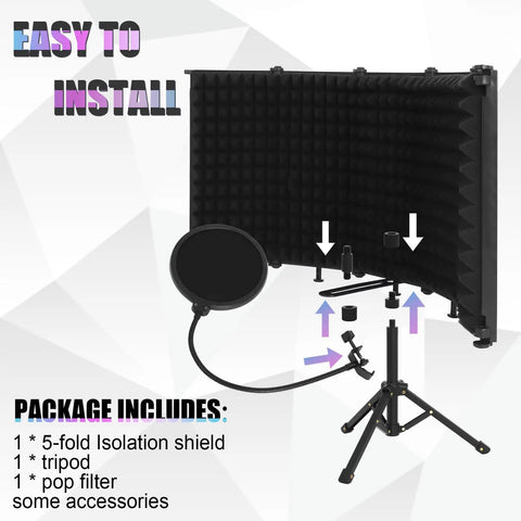 Pro Grade Microphone Isolation Shield With Beefy Tripod Stand And Pop Filter For Crisp Vocals That Banish Reverb And Straight Up Transform Your Recording Space shown with setup components including tripod and pop filter.