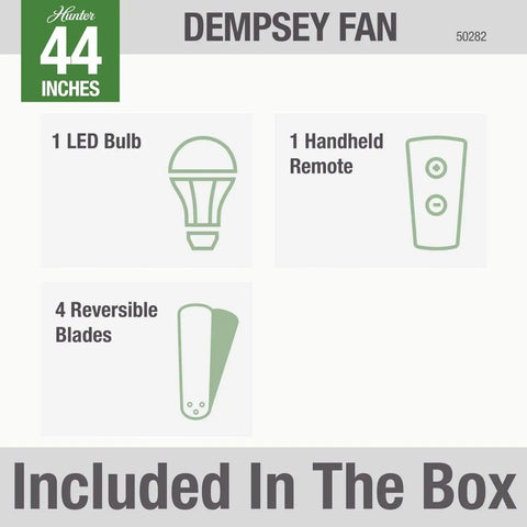 Diagram showing components included with 44 Inch Indoor Ceiling Fan With LED Light And Remote Control Low Profile Flush Mount Four Blade Modern Ceiling Fan For Bedroom Living Room Or Kitchen Super Quiet Brushed Nickel Finish: LED bulb, remote, and four reversible blades.