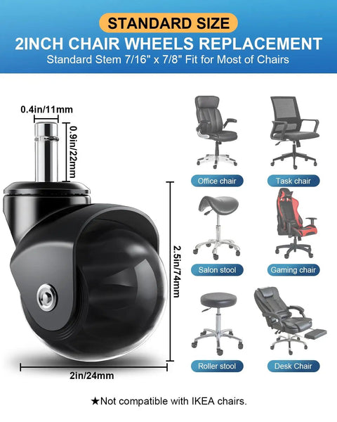 Heavy Duty Rollerblade Office Chair Wheels Replacement Set Of 5, 2 Inch Rubber Casters designed for various chair types with standard stem fitting.