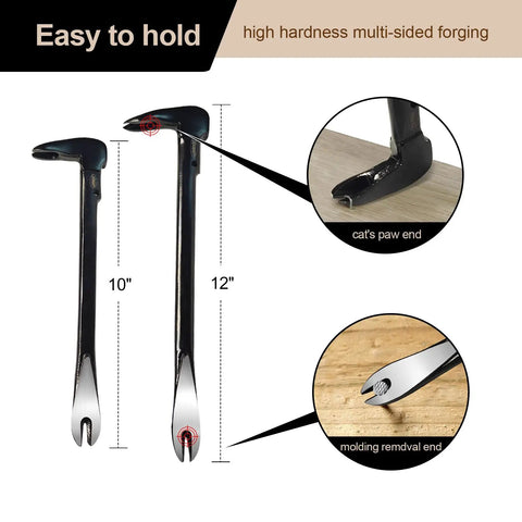12 Inch Nail Puller And 10 Inch Mini Crowbar Cats Claw Nail Remover Set For Demolition And Kitchen Remodel Prying Baseboards Multi Sided Forged Steel Carpenter Tools For Heavy Duty Jobs with details on ergonomic grip and forged steel ends.