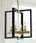 Industrial Lantern Chandelier With Four Lights, Modern Geometric Semi Flush Mount Ceiling Light, Black And Champagne Gold