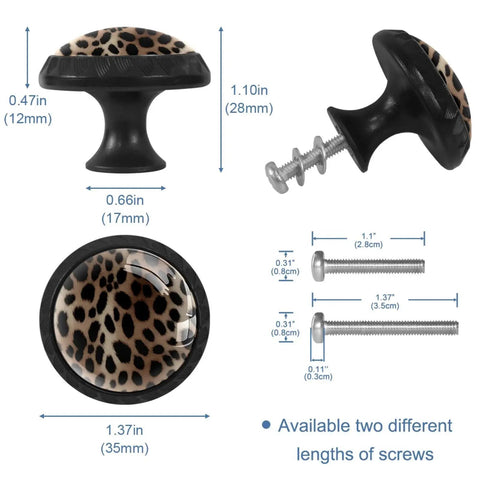 Dimensions and view of Sleek Leopard Print Round Cabinet Knobs 4 Pack Black Drawer Pulls with screws and crystal glass accents