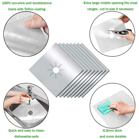 Double Thickness 0.3 mm Gas Stove Burner Liners 8 Pack Nonstick Reusable Stove Top Covers Cuttable 10.6 By 10.6 Inches Silver For Easy Clean No Mess Kitchen