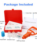 Snake Bite Kit And Bee Sting Kit For Outdoor First Aid Venom Extractor Suction Pump Bite And Sting Care For Hiking Backpacking And Camping Includes Orange CPR Face Shield with an orange case, prep pads, and suction pump components.
