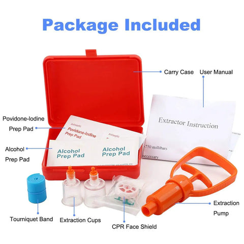 Snake Bite Kit And Bee Sting Kit For Outdoor First Aid Venom Extractor Suction Pump Bite And Sting Care For Hiking Backpacking And Camping Includes Orange CPR Face Shield with an orange case, prep pads, and suction pump components.