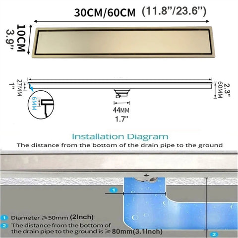 Slick Stainless Steel Linear Shower Drain With Built In Hair Catcher And Flush Grate Cover dimensions and installation diagram