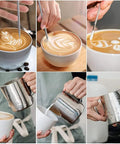 Collage of latte art and steaming using Pro Grade 20 Oz Stainless Steel Milk Frothing Pitcher For Latte Art At Home, 304 Stainless