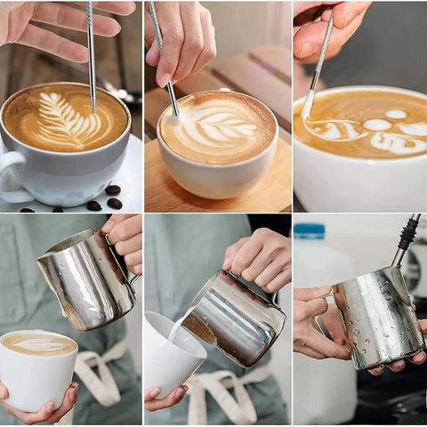 Collage of latte art and steaming using Pro Grade 20 Oz Stainless Steel Milk Frothing Pitcher For Latte Art At Home, 304 Stainless
