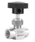 Front view of stainless steel needle valve with black knurled knob; 1/4 in NPT female x 1/4 in NPT female connections.