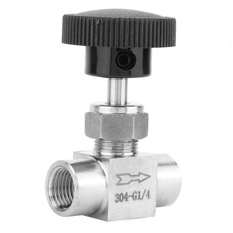 Front view of stainless steel needle valve with black knurled knob; 1/4 in NPT female x 1/4 in NPT female connections.
