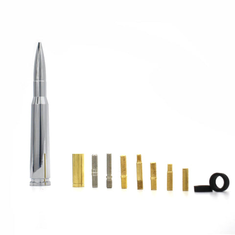 Stubby Antenna Mast 50 Cal Style Track Antenna Delete Replacement For Ford F Series F150 F250 F350 RAM 1500 2500 GMC Denali Chevy Pickup Trucks Aluminum Billet Build Weatherproof And Fade Resistant with various attachments lined up next to it