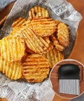Crinkle cutter knife, upgraded stainless steel blade; ridged potato chips with inset blade close-up.