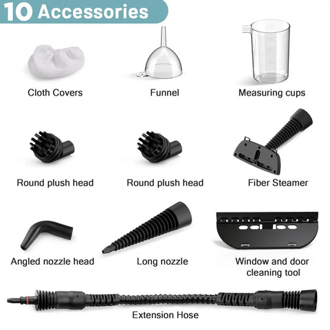 Akpiian Handheld Steam Cleaner For Home Deep Cleaning With 10 Bonus Accessories featuring various cleaning heads and tools.