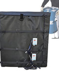 Heavy Duty Industrial Oil Drum Heater With Adjustable Thermostat Blanket for 275 Gallon Drums showing rear view with straps and controls.